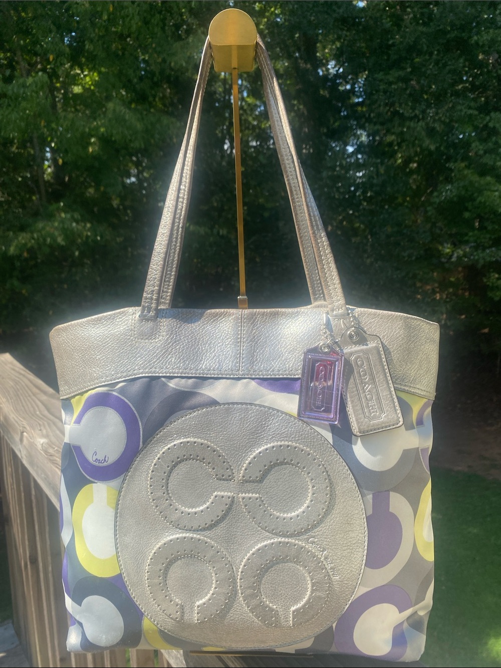Coach Metallic Silver Trim Tote with Purple and Yellow Circle Print